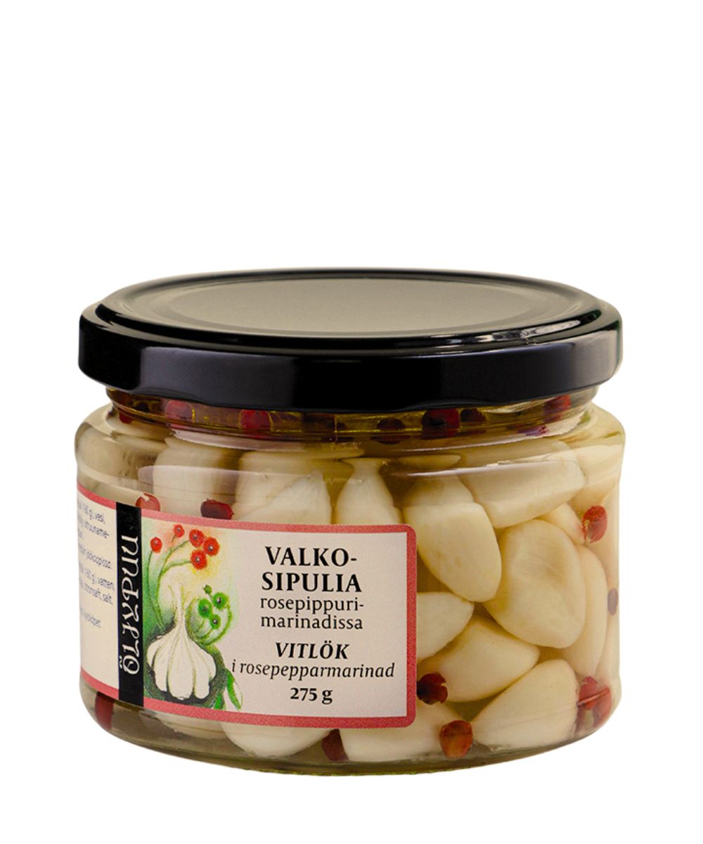 Öljypuu Valkosipulia rosepippurimarinadissa
